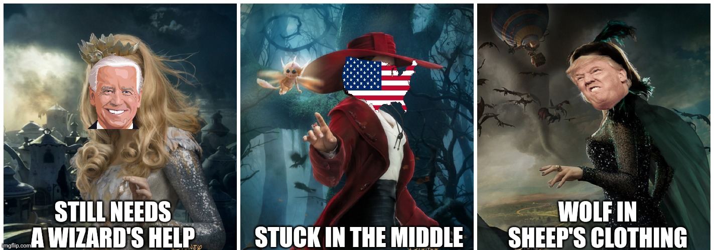 "Life imitates art far more than art imitates life". ~ Oscar Wilde | WOLF IN SHEEP'S CLOTHING; STILL NEEDS A WIZARD'S HELP; STUCK IN THE MIDDLE | image tagged in memes,politics,usa,stuck in the middle,tired of the game,re elect no one | made w/ Imgflip meme maker