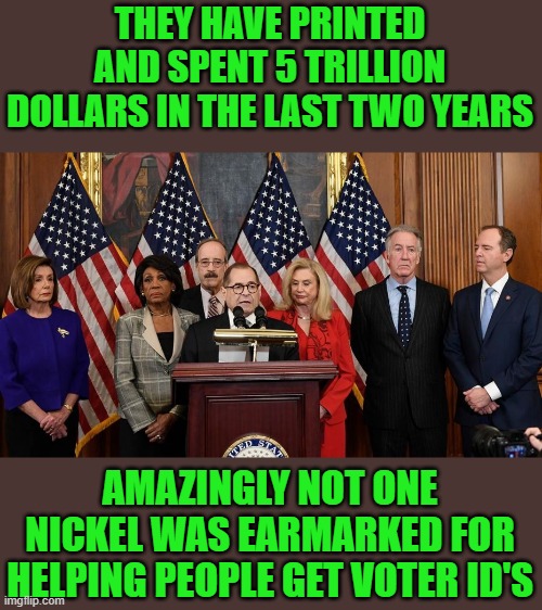 yep | THEY HAVE PRINTED AND SPENT 5 TRILLION DOLLARS IN THE LAST TWO YEARS; AMAZINGLY NOT ONE NICKEL WAS EARMARKED FOR HELPING PEOPLE GET VOTER ID'S | image tagged in house democrats | made w/ Imgflip meme maker