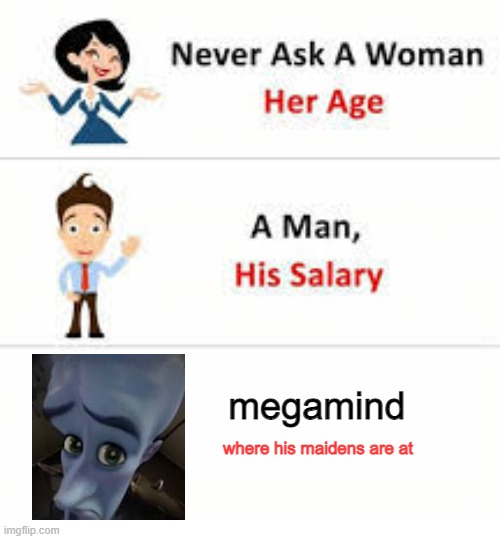 teehee im backk | megamind; where his maidens are at | image tagged in never ask a woman her age | made w/ Imgflip meme maker