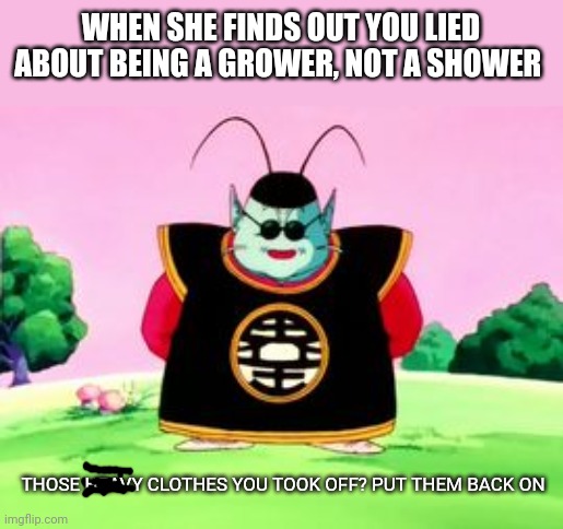 King Kai Wisdom | WHEN SHE FINDS OUT YOU LIED ABOUT BEING A GROWER, NOT A SHOWER; THOSE HEAVY CLOTHES YOU TOOK OFF? PUT THEM BACK ON | image tagged in king kai wisdom | made w/ Imgflip meme maker