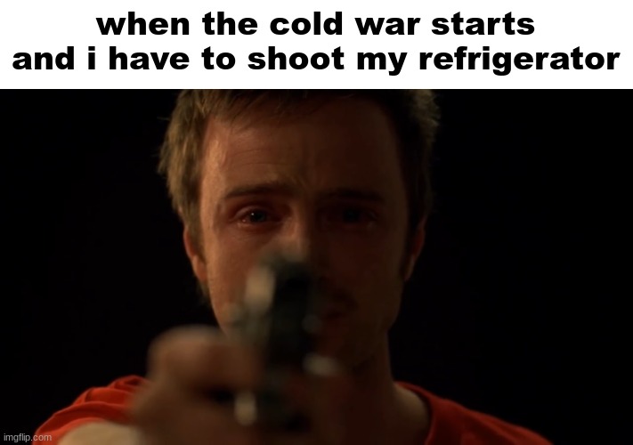 it's sad | when the cold war starts and i have to shoot my refrigerator | image tagged in meme,funny,breaking bad,jesse pinkman,cold war,barney will eat all of your delectable biscuits | made w/ Imgflip meme maker