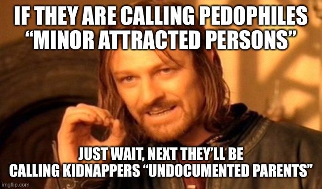 One Does Not Simply |  IF THEY ARE CALLING PEDOPHILES “MINOR ATTRACTED PERSONS”; JUST WAIT, NEXT THEY’LL BE CALLING KIDNAPPERS “UNDOCUMENTED PARENTS” | image tagged in memes,one does not simply,new normal,libtards,liberal logic | made w/ Imgflip meme maker