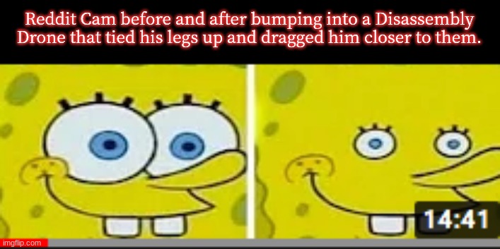 Only a reference you get from the actual Reddit Cam. | Reddit Cam before and after bumping into a Disassembly Drone that tied his legs up and dragged him closer to them. | image tagged in spongebob eye shrink meme | made w/ Imgflip meme maker