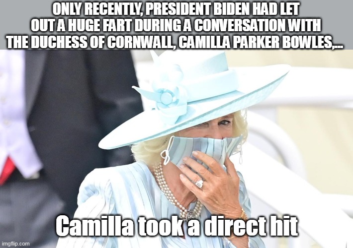 ONLY RECENTLY, PRESIDENT BIDEN HAD LET OUT A HUGE FART DURING A CONVERSATION WITH THE DUCHESS OF CORNWALL, CAMILLA PARKER BOWLES,... Camilla | made w/ Imgflip meme maker