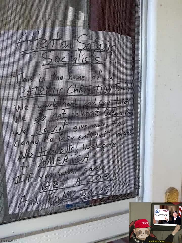 Move along heathens, this is a Christian neighborhood. #VoteConservativeParty | image tagged in attention satanic socialists,s,a,t,an,ic | made w/ Imgflip meme maker