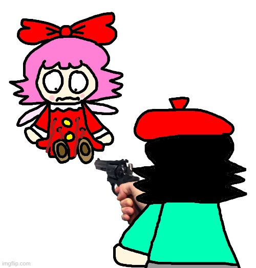 Adeleine shoots Ribbon with a gun (and it's funny) | image tagged in kirby,comics/cartoons,funny,cute,blood,fanart | made w/ Imgflip meme maker