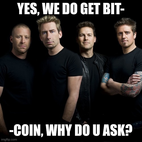 Nickelback Rulz!!! | YES, WE DO GET BIT-; -COIN, WHY DO U ASK? | image tagged in nickelback rulz | made w/ Imgflip meme maker