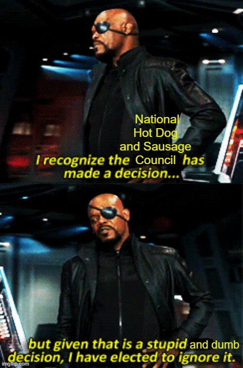 Me to the Hot Dog Council | National Hot Dog and Sausage Council; and dumb | image tagged in nick fury stupid-ass decision | made w/ Imgflip meme maker