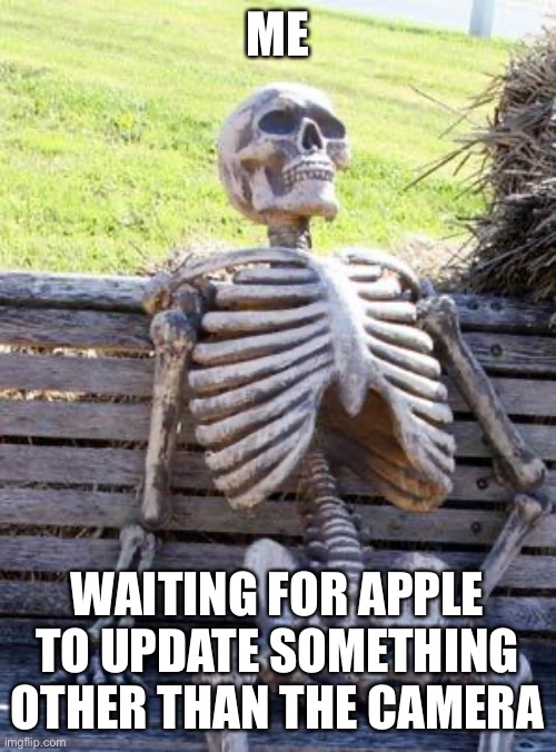 Waiting Skeleton | ME; WAITING FOR APPLE TO UPDATE SOMETHING OTHER THAN THE CAMERA | image tagged in memes,waiting skeleton | made w/ Imgflip meme maker