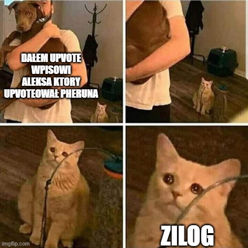 Sad Cat Holding Dog | DAŁEM UPVOTE WPISOWI ALEKSA KTORY UPVOTEOWAŁ PHERUNA; ZILOG | image tagged in sad cat holding dog | made w/ Imgflip meme maker