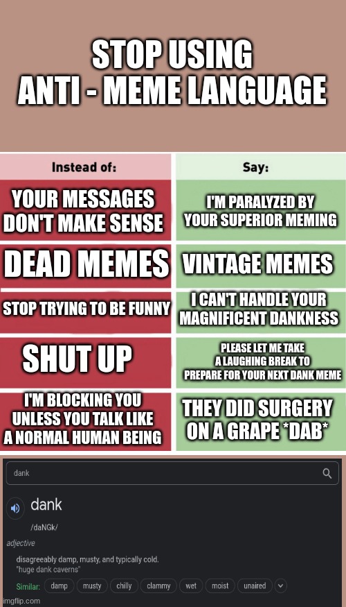 Instead Of Say | STOP USING ANTI - MEME LANGUAGE; YOUR MESSAGES DON'T MAKE SENSE; I'M PARALYZED BY YOUR SUPERIOR MEMING; DEAD MEMES; VINTAGE MEMES; STOP TRYING TO BE FUNNY; I CAN'T HANDLE YOUR MAGNIFICENT DANKNESS; PLEASE LET ME TAKE A LAUGHING BREAK TO PREPARE FOR YOUR NEXT DANK MEME; SHUT UP; I'M BLOCKING YOU UNLESS YOU TALK LIKE A NORMAL HUMAN BEING; THEY DID SURGERY ON A GRAPE *DAB* | image tagged in instead of say | made w/ Imgflip meme maker