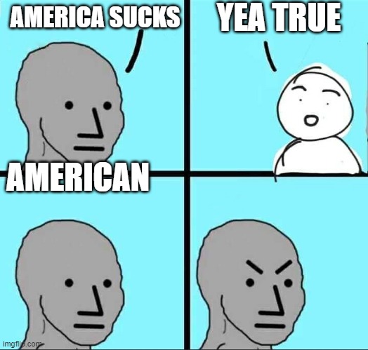 NPC Meme | YEA TRUE; AMERICA SUCKS; AMERICAN | image tagged in npc meme | made w/ Imgflip meme maker