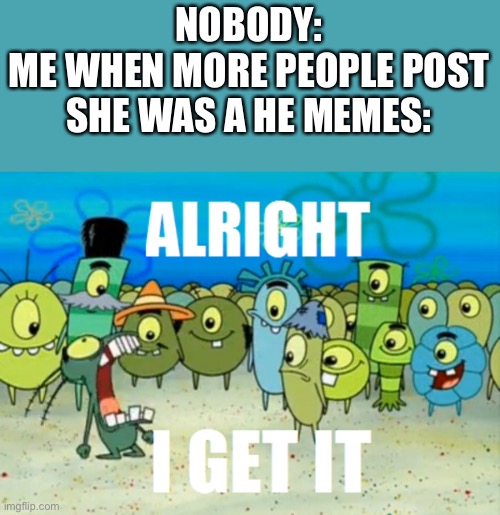 Plz stop | NOBODY:
ME WHEN MORE PEOPLE POST SHE WAS A HE MEMES: | image tagged in alright i get it | made w/ Imgflip meme maker