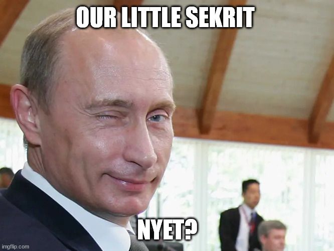 Putin Winking |  OUR LITTLE SEKRIT; NYET? | image tagged in putin winking | made w/ Imgflip meme maker