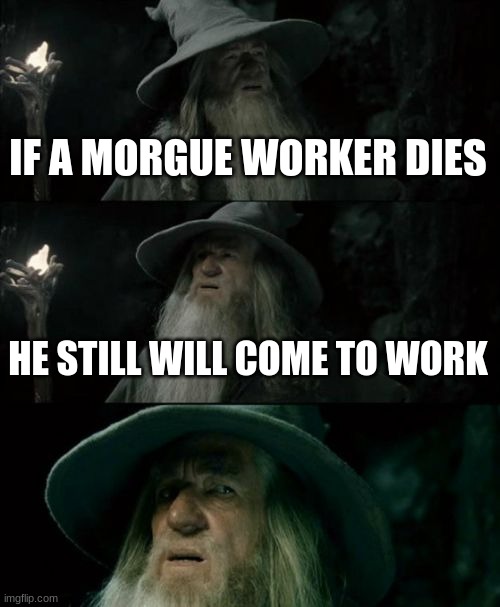 Confused Gandalf | IF A MORGUE WORKER DIES; HE STILL WILL COME TO WORK | image tagged in memes,confused gandalf | made w/ Imgflip meme maker