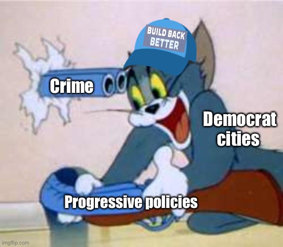 Trumps fault every time | Crime; Democrat cities; Progressive policies | image tagged in tom the cat shooting himself,politics lol,memes | made w/ Imgflip meme maker