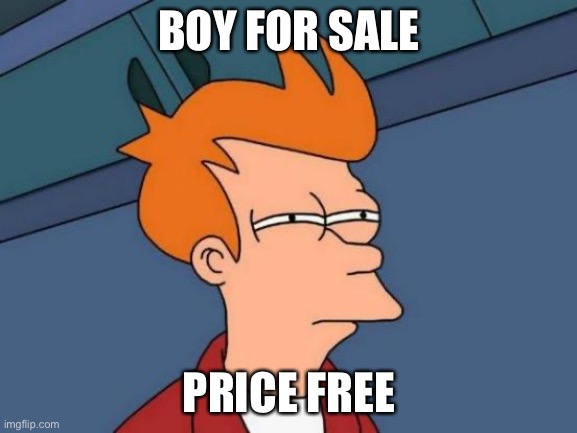 Futurama Fry | BOY FOR SALE; PRICE FREE | image tagged in memes,futurama fry | made w/ Imgflip meme maker