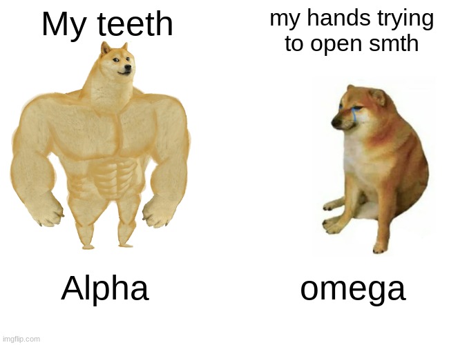 Buff Doge vs. Cheems | My teeth; my hands trying to open smth; Alpha; omega | image tagged in memes,buff doge vs cheems | made w/ Imgflip meme maker