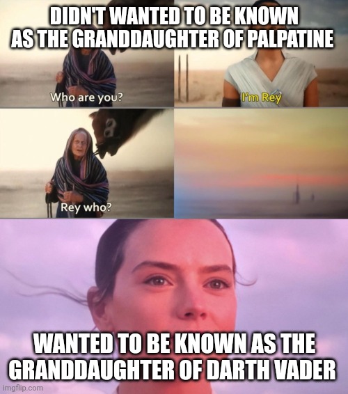 Facts | DIDN'T WANTED TO BE KNOWN AS THE GRANDDAUGHTER OF PALPATINE; WANTED TO BE KNOWN AS THE GRANDDAUGHTER OF DARTH VADER | image tagged in rey skywalker,the rise of skywalker,palpatine,emperor palpatine,emporer palpatine,rey | made w/ Imgflip meme maker