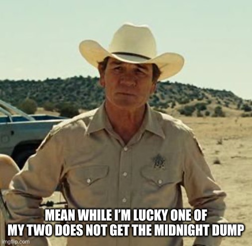 Tommy Lee Jones, No Country.. | MEAN WHILE I’M LUCKY ONE OF MY TWO DOES NOT GET THE MIDNIGHT DUMP | image tagged in tommy lee jones no country | made w/ Imgflip meme maker