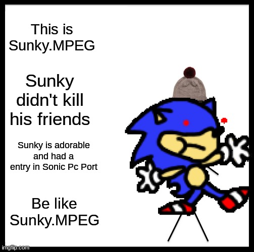 This is Sunky.MPEG; Sunky didn't kill his friends; Sunky is adorable and had a entry in Sonic Pc Port; Be like Sunky.MPEG | image tagged in sonic exe,be like bill | made w/ Imgflip meme maker