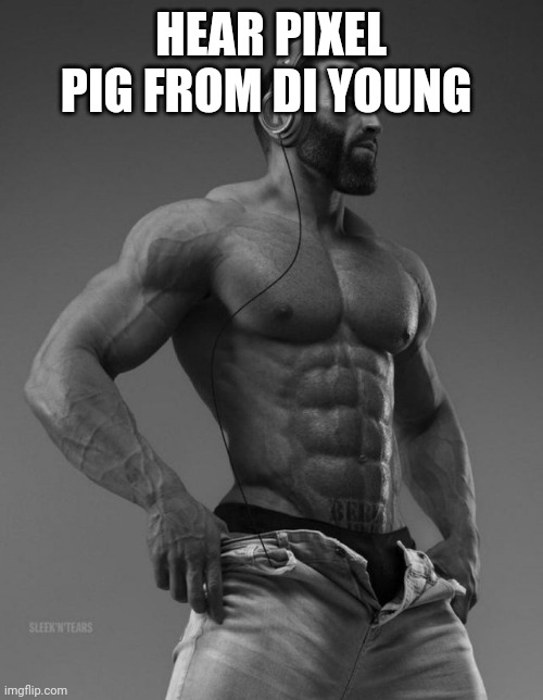 Gigachad with headphones | HEAR PIXEL PIG FROM DI YOUNG | image tagged in gigachad with headphones | made w/ Imgflip meme maker