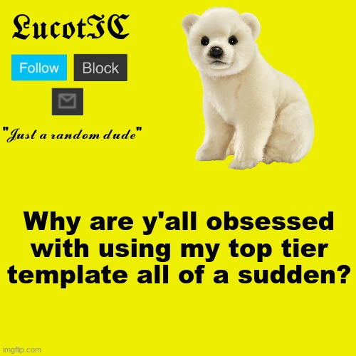 Confusing... | Why are y'all obsessed with using my top tier template all of a sudden? | image tagged in lucotic polar bear announcement template | made w/ Imgflip meme maker