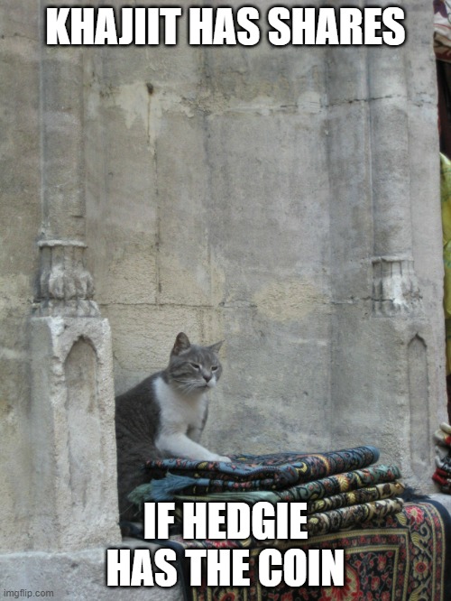 Khajit has wares if you have coin | KHAJIIT HAS SHARES; IF HEDGIE HAS THE COIN | image tagged in khajit has wares if you have coin | made w/ Imgflip meme maker