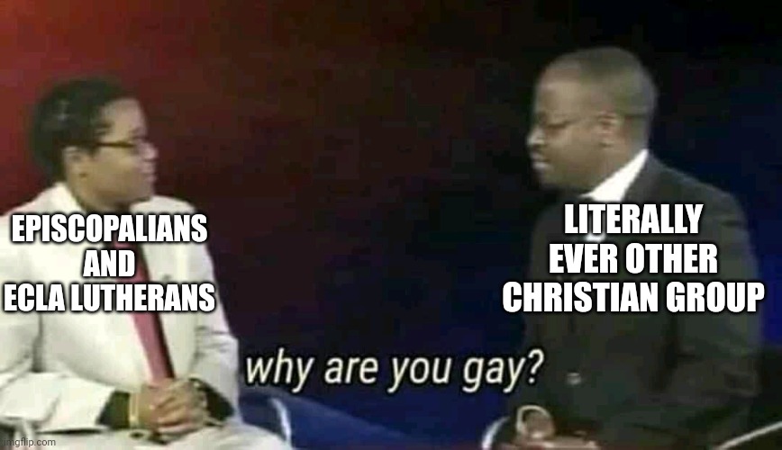 Why are you gay? | LITERALLY EVER OTHER CHRISTIAN GROUP; EPISCOPALIANS AND ECLA LUTHERANS | image tagged in why are you gay | made w/ Imgflip meme maker