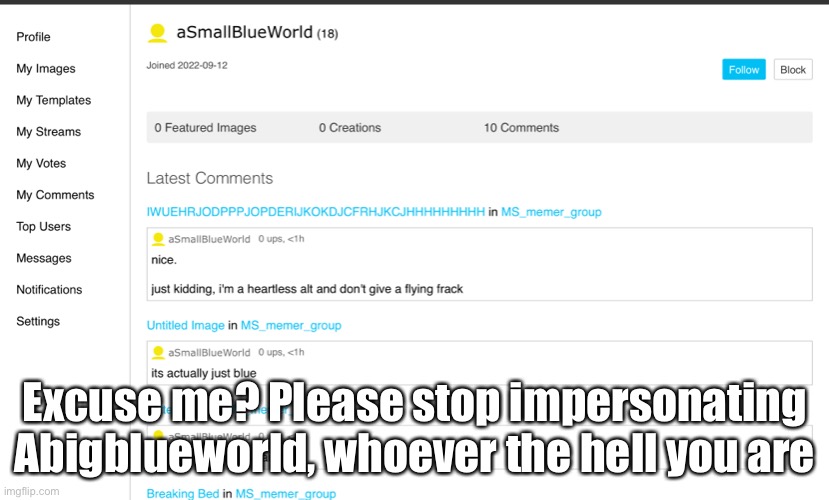 Grrrrrr | Excuse me? Please stop impersonating Abigblueworld, whoever the hell you are | image tagged in help me | made w/ Imgflip meme maker