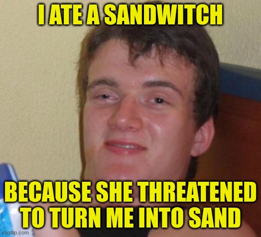 bad pun 10 guy | I ATE A SANDWITCH; BECAUSE SHE THREATENED TO TURN ME INTO SAND | image tagged in memes,10 guy,bad pun | made w/ Imgflip meme maker