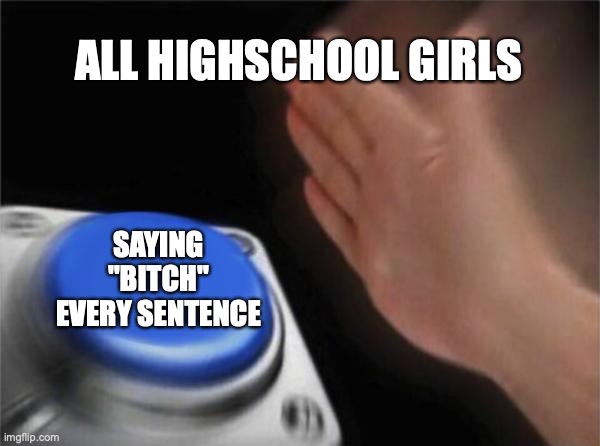 i hear it all the time | ALL HIGHSCHOOL GIRLS; SAYING "BITCH" EVERY SENTENCE | image tagged in memes,blank nut button | made w/ Imgflip meme maker