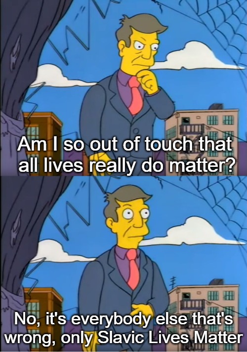 Skinner Out Of Touch | Am I so out of touch that
 all lives really do matter? No, it's everybody else that's wrong, only Slavic Lives Matter | image tagged in skinner out of touch,slavic | made w/ Imgflip meme maker