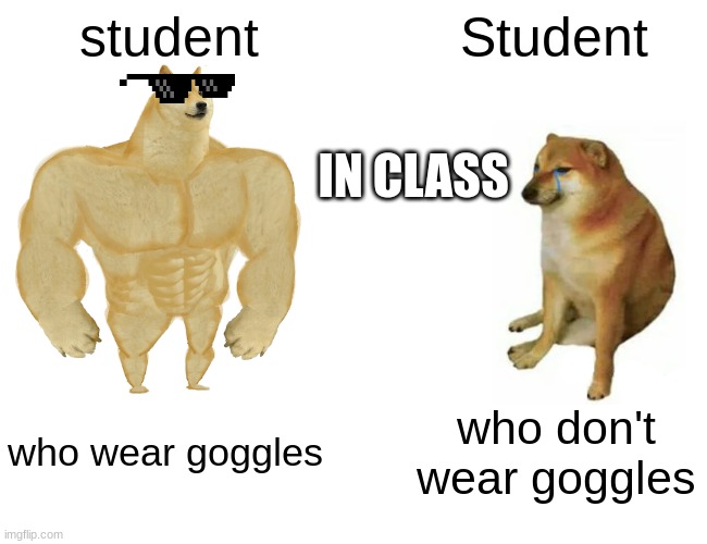 school | student; Student; IN CLASS; who wear goggles; who don't wear goggles | image tagged in memes,buff doge vs cheems | made w/ Imgflip meme maker