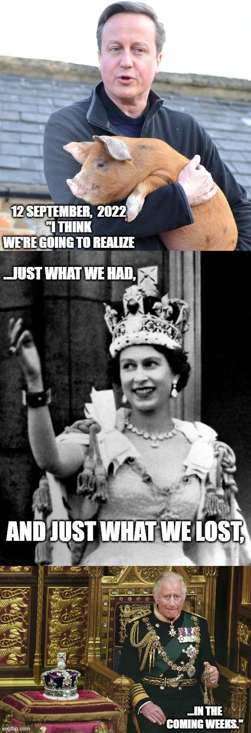 David Cameron Interview insights Today | 12 SEPTEMBER,  2022
"I THINK WE'RE GOING TO REALIZE; ...JUST WHAT WE HAD, AND JUST WHAT WE LOST, ...IN THE COMING WEEKS." | image tagged in david cameron pig,queen elizabeth ii,king charles iii,tony blair,john kerry,kamala harris | made w/ Imgflip meme maker