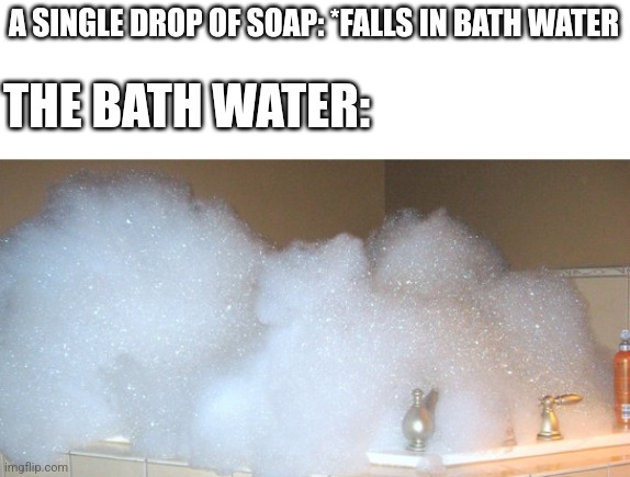 "Upvote if rela-" NO! |  A SINGLE DROP OF SOAP: *FALLS IN BATH WATER; THE BATH WATER: | image tagged in image tags,ha ha tags go brr,why are you reading the tags,too many tags,unnecessary tags | made w/ Imgflip meme maker