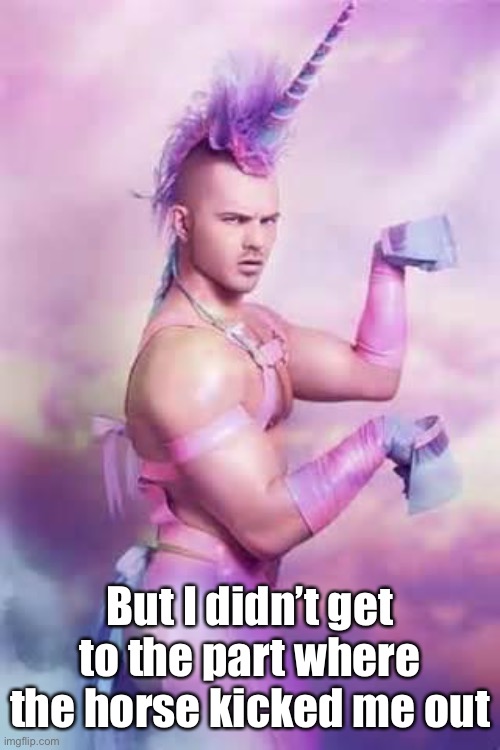 Gay Unicorn | But I didn’t get to the part where the horse kicked me out | image tagged in gay unicorn | made w/ Imgflip meme maker