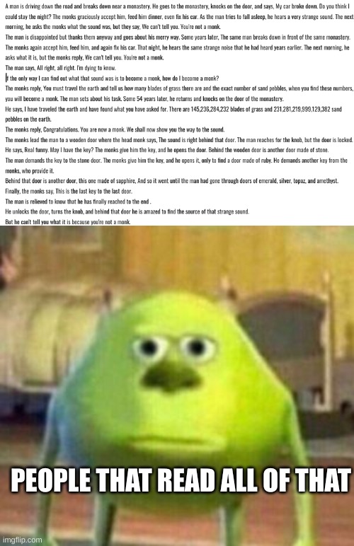PEOPLE THAT READ ALL OF THAT | image tagged in mike monster inc bruh meme,bruh,not a waste of time,heheehehehehehhehehehehehe | made w/ Imgflip meme maker