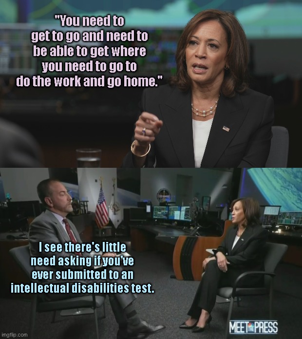 Kamala Harris tosses together her famous word salad on "Meet The Press" | "You need to get to go and need to be able to get where you need to go to do the work and go home."; I see there's little need asking if you've ever submitted to an intellectual disabilities test. | image tagged in meet the press,chuck todd,kamala harris,word salad,special kind of stupid,dumb people | made w/ Imgflip meme maker