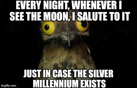 Weird Stuff I Do Potoo Meme | EVERY NIGHT, WHENEVER I SEE THE MOON, I SALUTE TO IT JUST IN CASE THE SILVER MILLENNIUM EXISTS | image tagged in memes,weird stuff i do potoo | made w/ Imgflip meme maker