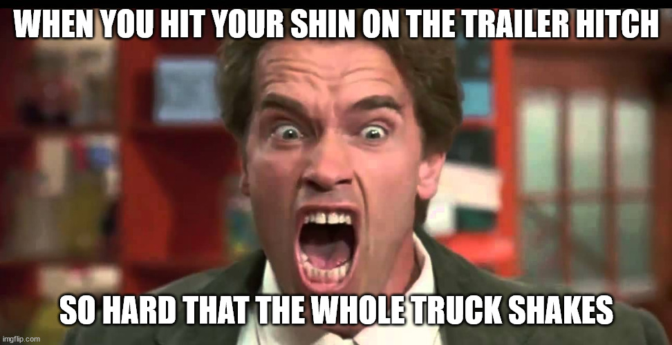 shin hit arnold | WHEN YOU HIT YOUR SHIN ON THE TRAILER HITCH; SO HARD THAT THE WHOLE TRUCK SHAKES | image tagged in pain,arnold schwarzenegger,scream | made w/ Imgflip meme maker