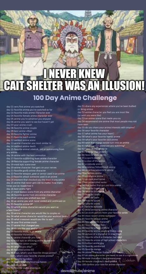 Day 24 | I NEVER KNEW CAIT SHELTER WAS AN ILLUSION! | image tagged in 100 day anime challenge,fairy tail,cait shelter,surprise | made w/ Imgflip meme maker