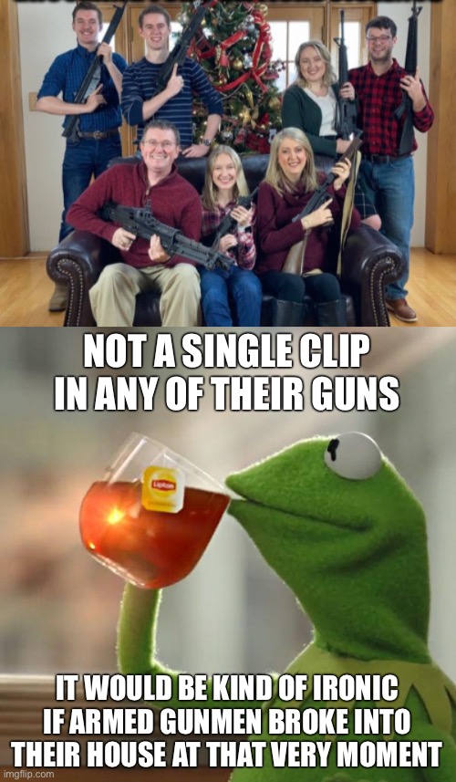 NOT A SINGLE CLIP IN ANY OF THEIR GUNS IT WOULD BE KIND OF IRONIC IF ARMED GUNMEN BROKE INTO THEIR HOUSE AT THAT VERY MOMENT | image tagged in memes,but that's none of my business | made w/ Imgflip meme maker