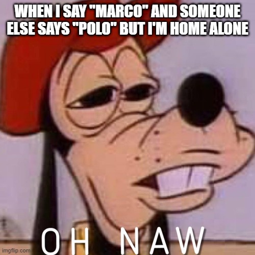 nah | WHEN I SAY "MARCO" AND SOMEONE ELSE SAYS "POLO" BUT I'M HOME ALONE | image tagged in oh naw | made w/ Imgflip meme maker