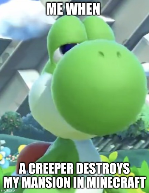 LOL Yosh | ME WHEN; A CREEPER DESTROYS MY MANSION IN MINECRAFT | image tagged in yoshi s not interested,reality | made w/ Imgflip meme maker