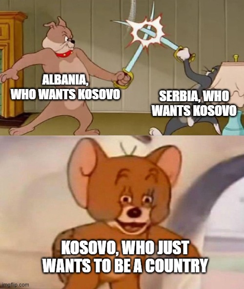 Lol it's true | ALBANIA, WHO WANTS KOSOVO; SERBIA, WHO WANTS KOSOVO; KOSOVO, WHO JUST WANTS TO BE A COUNTRY | image tagged in tom and jerry swordfight,memes,funny,geography,tom and jerry,why are you reading this | made w/ Imgflip meme maker