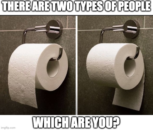 Which way do you install your toilet paper? | THERE ARE TWO TYPES OF PEOPLE; WHICH ARE YOU? | image tagged in memes,oh wow are you actually reading these tags | made w/ Imgflip meme maker