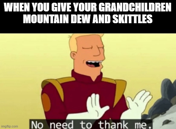 No need to thank me | WHEN YOU GIVE YOUR GRANDCHILDREN MOUNTAIN DEW AND SKITTLES | image tagged in no need to thank me | made w/ Imgflip meme maker