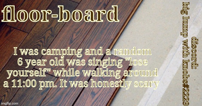 I was camping and a random 6 year old was singing "lose yourself" while walking around a 11:00 pm. It was honestly scary | image tagged in honestly floorboards | made w/ Imgflip meme maker