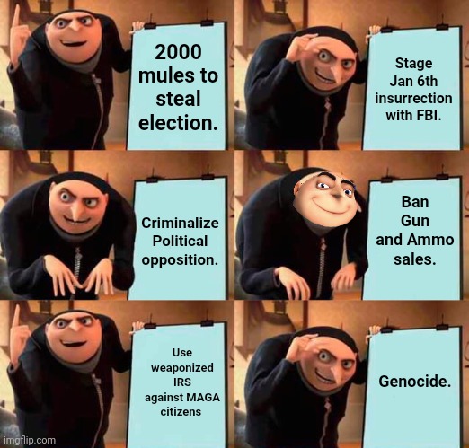 2000 mules to steal election. Stage Jan 6th insurrection with FBI. Ban Gun and Ammo sales. Criminalize Political opposition. Genocide. Use weaponized IRS against MAGA citizens | image tagged in memes,gru's plan | made w/ Imgflip meme maker